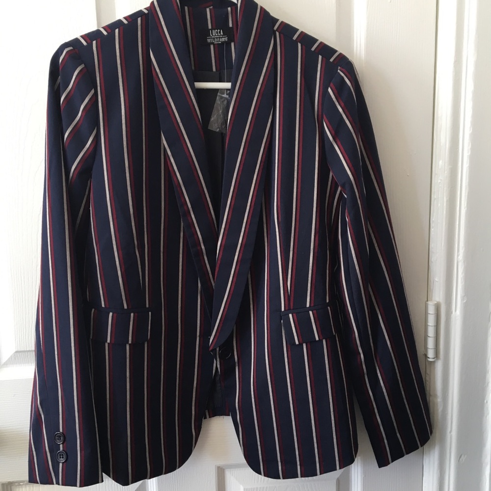 Lucca x Wildfang striped blazer: navy, red, white